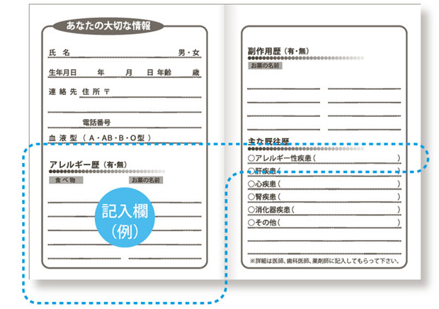 おくすり手帳・アレルギー歴(有・無)などに関する記入欄の例