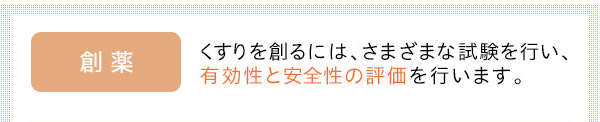 創薬　 くすりを創るには、さまざまな試験を行い、有効性と安全性の評価を行います。