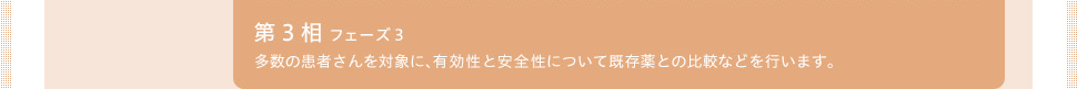 第3相 フェーズ3　多数の患者さんを対象に、有効性と安全性について既存薬との比較などを行います。