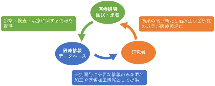 医療機関 国民・患者 診察・検査・治療に関する情報を 提供 医療情報 データベース 研究開発に必要な情報のみを匿名加工や仮名加工情報として提供 研究者 効果の高い新たな治療法など研究の成果が医療現場に