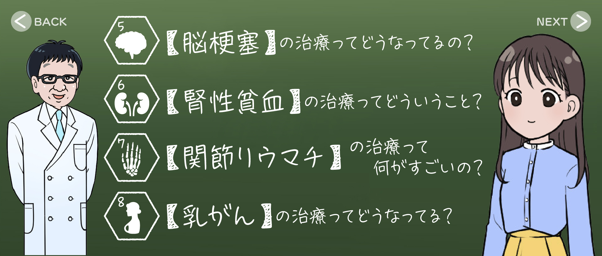 ⑤【脳梗塞】の治療ってどうなってるの？　⑥【腎性貧血】の治療ってどういうこと？　⑦【関節リウマチ】の治療って何がすごいの？　⑧【乳がん】の治療ってどうなってる？