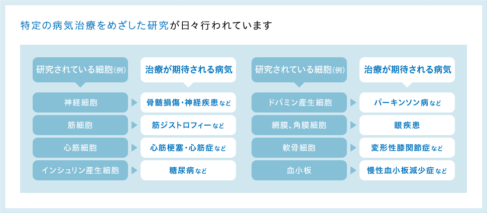 特定の病気治療をめざした研究が日々行われています