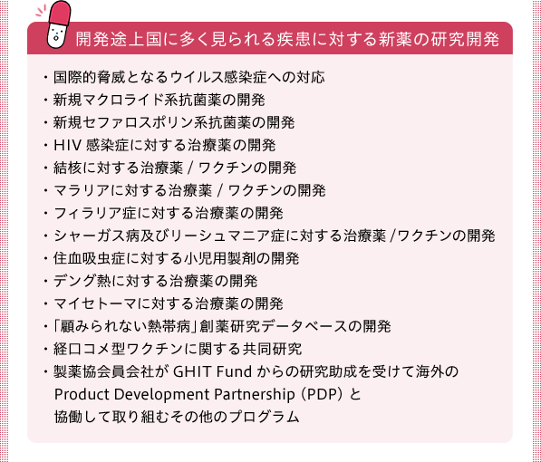 開発途上国に多く見られる疾患に対する新薬の研究開発