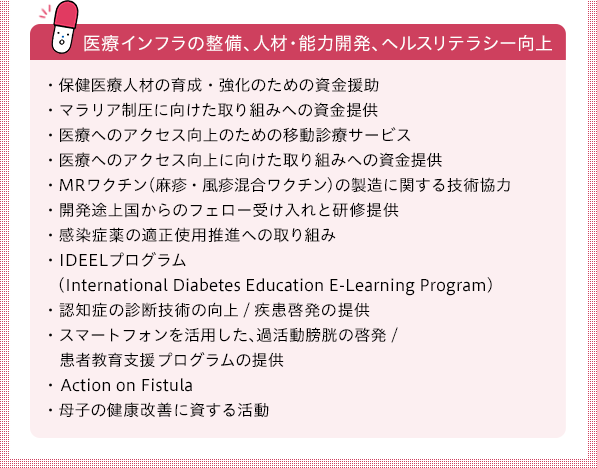 医療インフラの整備、人材・能力開発、ヘルスリテラシー向上