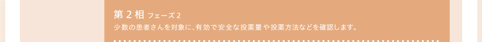 第2相 フェーズ2　少数の患者さんを対象に、有効で安全な投薬量や投薬方法などを確認します。