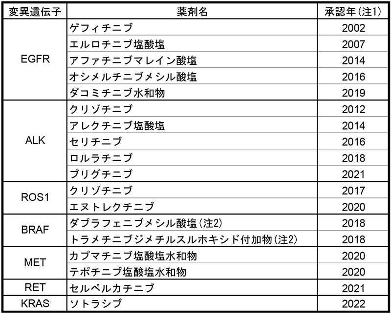 表1　非小細胞肺がんを適応に承認されたチロシンキナーゼ阻害薬
