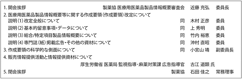 表1　医療用医薬品製品情報概要等に関する作成要領改定に関する説明会プログラム